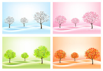 Four Nature Backgrounds with stylized trees representing different seasons. Vector.