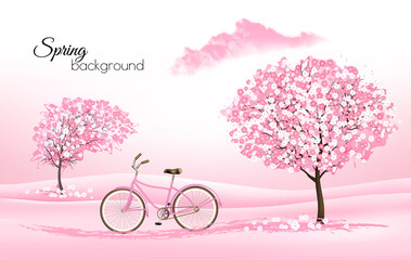 Aufkleber - Spring nature background with a blossoming sakura trees and a pink bike. Vector.