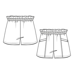 Wall Mural - Girls Woven Shorts with front pockets fashion flat sketch template. Technical Fashion Illustration. Paperbag Elastic waist. Front Seams. 