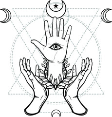 Mystical symbol: human hand, Eye of Providence, sacred geometry. Esoteric, religion, occultism. Vector illustration isolated on a white background. Print, poster, t-shirt, card.