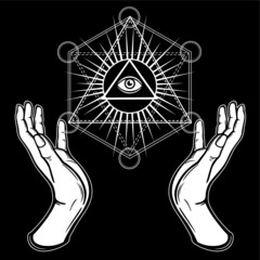 Human hands hold the shining triangle, a providence eye. Sacred geometry, mystical symbol. Vector illustration isolated on a black background.