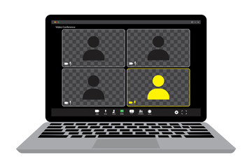 Poster - Laptop zoom on screen. Online business webinar chat. Click button. Communication icon symbol. Stock image. EPS 10.