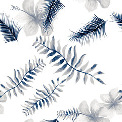  Cobalt Seamless Palm. Navy Pattern Illustration. Indigo Tropical Foliage. Blue Spring Foliage. Gray Decoration Background. Drawing Texture. Watercolor Vintage.