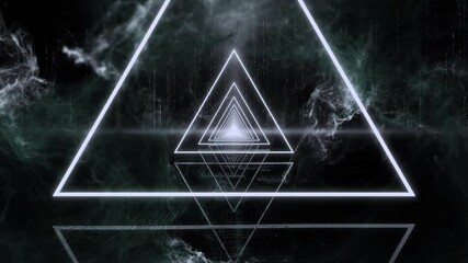 Wall Mural - Abstract Triangle Neon Glow with Nebula Background Loop. Futuristic VJ motion graphics, club concert with projection mapping and high tech background seamless loop .