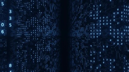 Digital flying background loop. A network of binary data code. Big data. Information, connection, Internet, worldwide network. 3D 4K loop animation. Blue neon backdrop.