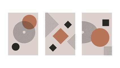 Wall Mural - Set of abstract contemporary with geometric shapes. Design for wallpaper, background, wall decor, cover, print, card, branding. Modern boho minimalist art. Vector 