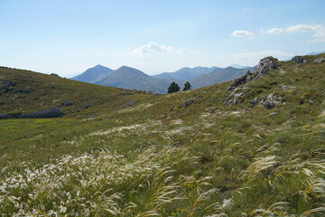 Apennine Mountains grassy landscape with highest Corno Grande Mountain, Gran Sasso and Monti della Laga National Park, Abruzzo, Italy