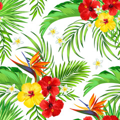 Exotic tropical pattern with strelizia, hibiscus, palm leaves. Summer vector background for fabric, cover,print design. Tropic illustration.