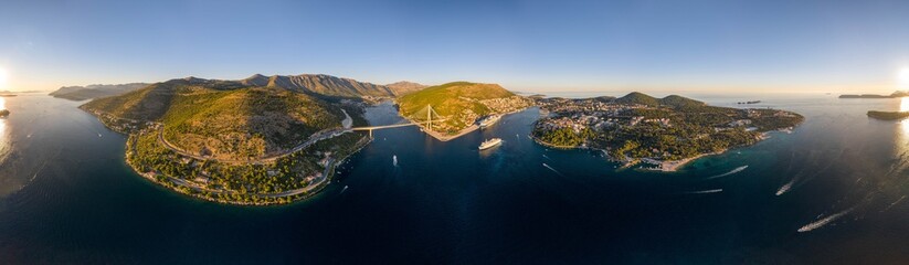 Canvas Print - Aerial 360 panorama photo of Dubrovnik bridge Lapad peninsula in Adriatic sea in Croatia summer sunset