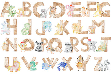 English alphabet with cute watercolor animals. Wood texture. Stock illustration.