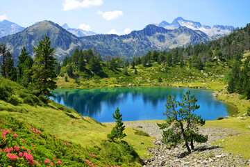 Beautiful mountain landscape in Neouvielle national nature reserve, Lac de Bastan inferieur, French Pyrenees.