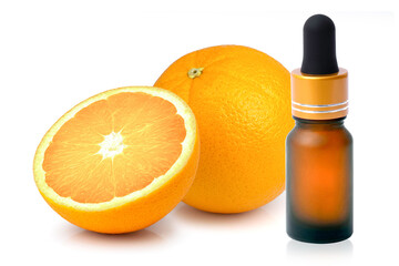 Sticker - Orange essential oil in dropper bottle. on white.