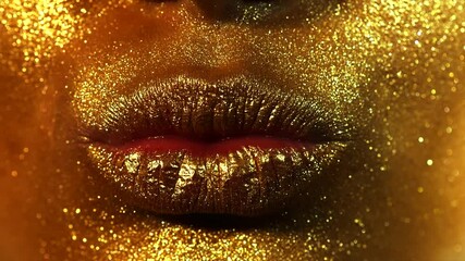 Wall Mural - fashion model golden makeup woman kiss lips in bright sparkles, golden lights, beautiful girl lips, 