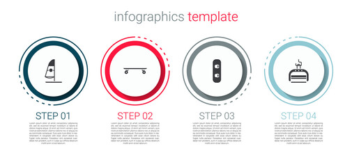 Sticker - Set Windsurfing, Longboard or skateboard, Snowboard and Ski lift. Business infographic template. Vector.