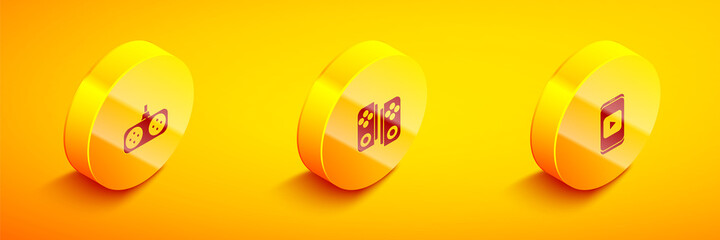 Sticker - Set Isometric Gamepad, and Online play video icon. Vector.