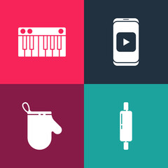 Poster - Set pop art Rolling pin, Oven glove, Online play video and Music synthesizer icon. Vector.