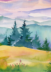 Mountains landscape, trees. Watercolor landscape, hand drawing