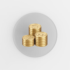 Poster - Gold folded coins icon in cartoon style. 3d rendering gray round button key, interface ui ux element.