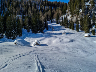 Mountain huts on mountain pasture Jezero