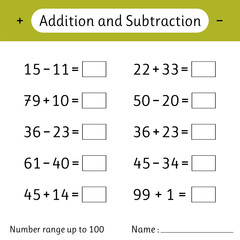 Wall Mural - Addition and Subtraction. Number range up to 100. Math worksheet for kids. Developing numeracy skills. Solve examples and write. Mathematics