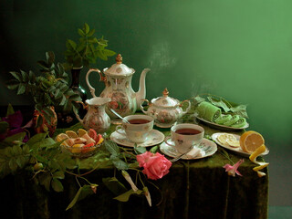 Wall Mural - Tea still life. Two cups of tea, a teapot, flowers, lemon and sweets on a table with a green tablecloth.