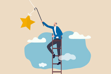 Retirement pension fund target, financial planning for retiree or success retirement life concept, elderly senior retired man climbing up ladder to the top high into the sky to grab the star.