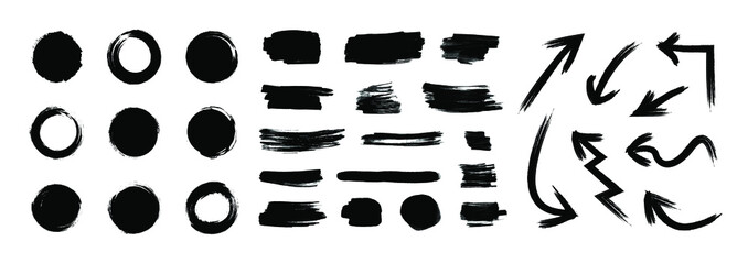Wall Mural - Vector black paint brush strokes set isolated on white background, japanese enso circles, different ink blots and arrows, dry painting elements collection.
