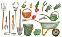 Set With Gardening Tools And Harvest Vegetables. Hand Painted Watercolor Hand Drawn Illustration Of  Watering Can, Gloves, Bucket, Basket, Pitchfork, Shovel And Wheelbarrow Isolated On White.