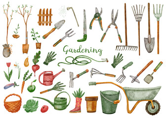 Big set with gardening farming tools. Watercolor illustration of watering can, hoe, bucket, hose, pitchfork, shovel, wheelbarrow, trowel, pruner, seedling tree, garden fork and rake isolated on white.