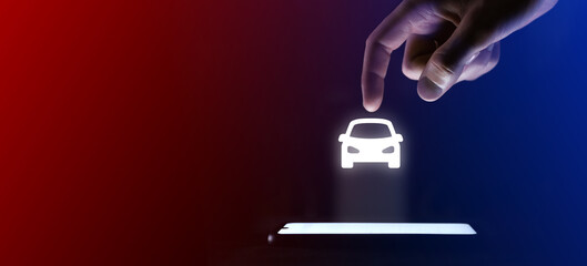 Man finger clicks on the car icon auto. Simple front car logo illustration for your web site design, logo, app, UI. Virtual projection from a mobile phone. Neon , red blue lights.