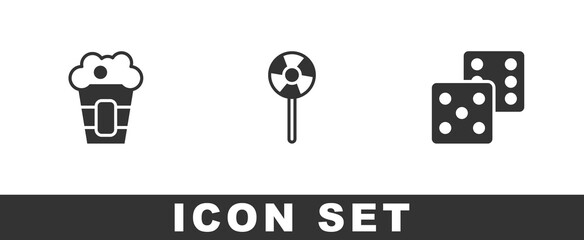 Canvas Print - Set Popcorn in box, Lollipop and Game dice icon. Vector.