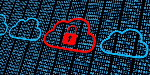 Poster - Data security concept - several clouds and one closed padlock over blue binary code on black background - 3D Illustration