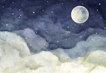 watercolor painting of night sky with full moon and shining stars.