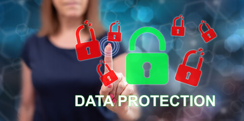 Poster - Woman touching a data protection concept