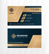 © 1234design - Abstract horizontal business card template. Combination Gold and dark blue colors on identity card. Diagonal shape for icon. Modern visit card with square logo. Vector visiting card.