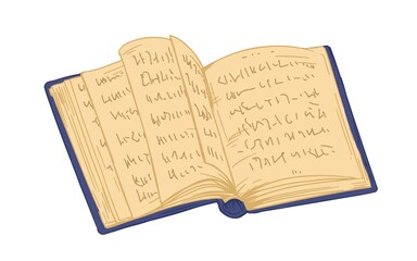 Poster - Ancient open book with old pages. Antique thick historical textbook with hardback. Hand-drawn colored vector illustration of notebook with notes isolated on white background