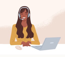 Operator of call center in headset consulting customers online. Worker of helpline service working at desk with laptop. Colored flat vector illustration of agent in technical support department