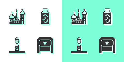 Wall Mural - Set Ushanka, Saint Basil's Cathedral, Slavic pagan idol and Pickled cucumbers jar icon. Vector.