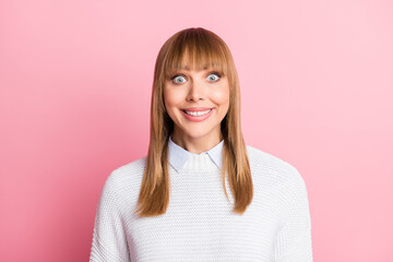 Wall Mural - Portrait of young happy positive cheerful smiling good mood woman look camera isolated on pink color background