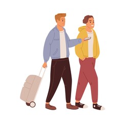 Wall Mural - happy friends walking with luggage. love couple of young men traveling together with baggage. colore