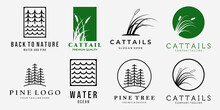 Set Bundle Of Cattails Reeds Creeks Pine Forest Line Art Vintage Vector Logo, Illustration Design Of Wildlife Concept