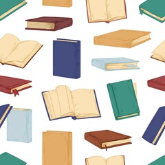 Poster - Seamless pattern with open and closed books on white background. Endless library texture with textbooks for printing or decoration. Hand-drawn colored vector illustration in retro style