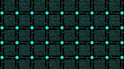 Poster - Abstract technology background animation in 4K - turquoise blocks of random changing binary code arranged as a square grid on black background - endless loop