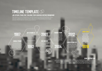 Poster - Infographic timeline template made from thin line hexagons icons and background photo