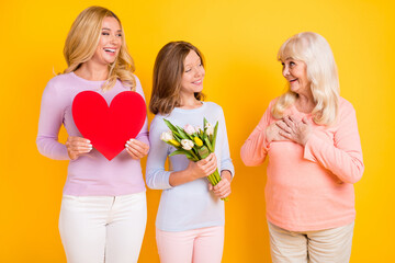 Sticker - Photo of grey haired retired pensioner girl woman hold heart flowers gift amazed grandmother isolated on yellow color background