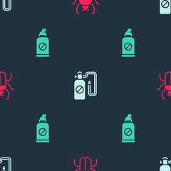 Sticker - Set Stink bug, Pressure sprayer and Spray against insects on seamless pattern. Vector.