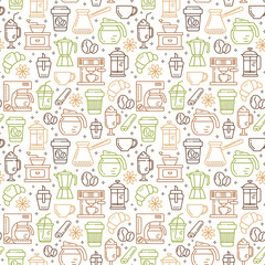 Seamless coffee pattern with line style icons. Coffee shop or cafe background.	
