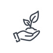 Plant in hand line icon. Hand holding plant with leaves vector outline sign.