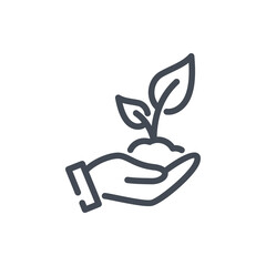 Poster - Plant in hand line icon. Hand holding plant with leaves vector outline sign.