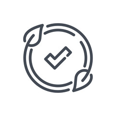 Poster - Eco label with leaves and checkmark line icon. Eco acceptance vector outline sign.